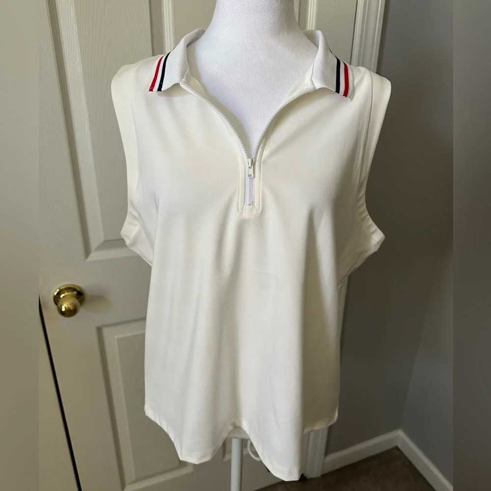Tommy Bahama Active, Sleeveless Polo Top with Striped Collar, zipper, XL, NWT